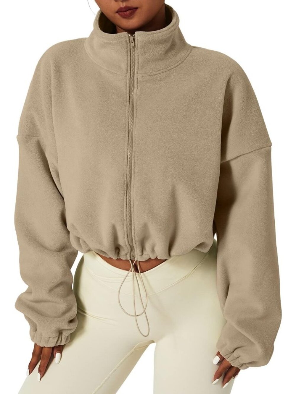 Women's Camel Fleece Full ZIP Stand Collar Baggy Cropped Short Sherpa Jacket